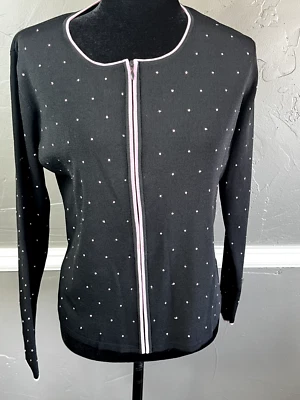 David Brooks Women's Size L Black with Pink Dots Knit Zip Front Top - Image 1 of 3