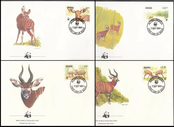 GHANA 1984 WWF BONGO ANTELOPE SET ON FDC’s x4 (ID:596/D13591) - Image 1 of 1