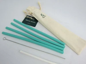 NEW Set of 4 Grove Silicone Straws w/Cleaning Tool Turquoise Color with Storage - Picture 1 of 2