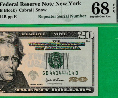 $20  Federal Reserve Notes FANCY REPEATER Serial Numbers ** 44144414 ** PMG 68 - Image 1 of 3