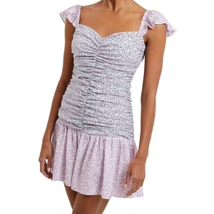 French Connection Enora Minikleid Flieder Blumen Größe 0 Rüschen Rüschen Neu mit Etikett - Bild 1 von 9