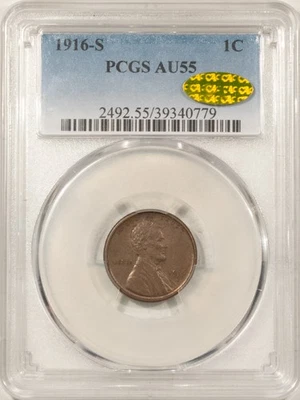 1916-S LINCOLN CENT - PCGS AU-55, GOLD CAC APPROVED! - Image 1 of 4