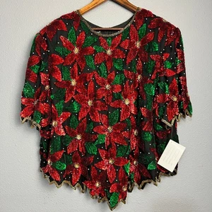 NWT Laurence Kazar 3X Vtg Silk Beaded Sequin Poinsettia Christmas Holiday Glam - Picture 1 of 12