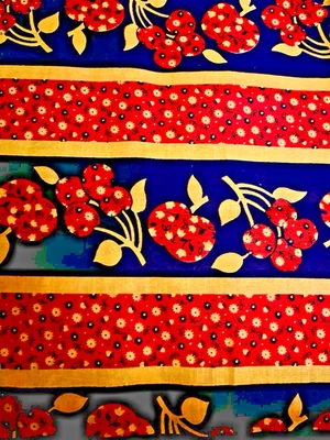 VTG `70`s MoD Boho Calico Fruit Stripes on Black & Red Ditzy Calico BTFQ - Image 1 of 4