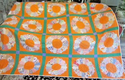 Антикварные винтажные мешки для подачи аппликаций дрезденское лоскутное одеяло 1930-е ручная стеганая 73 x 90 дюймов - Изображение 1 из 4