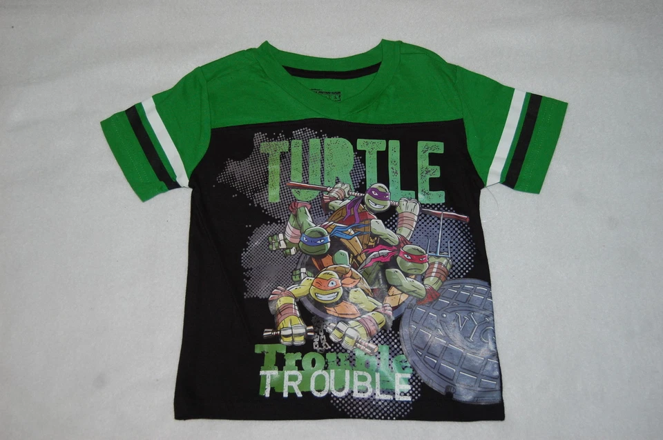 男孩 S/S T 恤 TURTLE TROUBLE 黑色绿色 TMNT 忍者神龟 V 领 4 码 — 第 1/1 张图片
