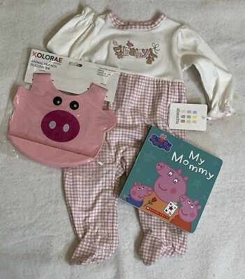 Nuevo Absorba Bebé Niña Cuadros 1 Pieza Footie Conjunto 6-9M Nuevo con Etiquetas + Peppa Pig Babero, Libro Foto 1 de 4