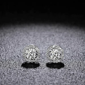 1 Ctw Round Cut DVVS1 Moissanite Halo Stud Earrings 10K Solid White Gold - Picture 1 of 5