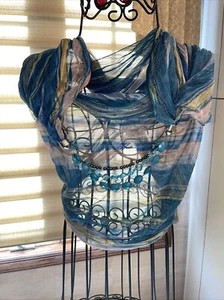 Blue/Multi Color Striped Sheer Jeweled Infinity Scarf/Pashmina 76” X 25” - Picture 1 of 13