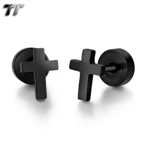 TT Black Surgical Steel Cross Fake Ear Plug Earrings (BE283) NEW - Picture 1 of 1