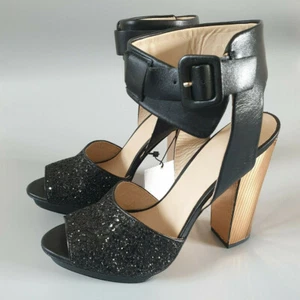 ZARA Cuero Bloque Tacones Negro Brillo Dorado Tacón Correa Sandalias Zapatos Reino Unido 6 UE 39 - Imagen 1 de 5