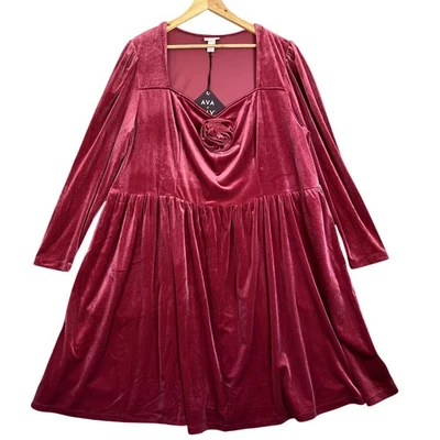 Ava & Viv 连衣裙女式 3X 红色丝绒鸡尾酒玫瑰口袋假日长袖 — 第 1/4 张图片