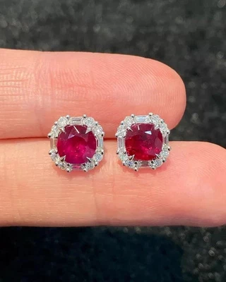 2.11 Ct Cushion Cut Natural Ruby Diamond Lovely Earring Stud 14K Real White Gold - Image 1 of 4