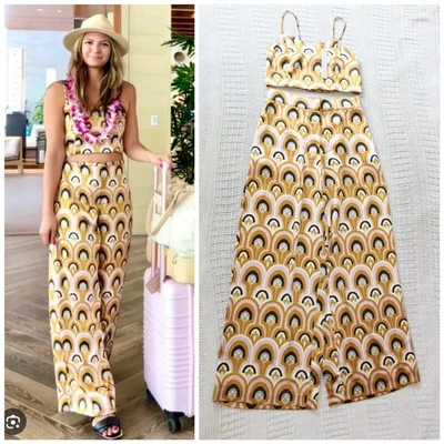 Nuevo con etiquetas Conjunto de Pantalones y Top House of Harlow Palazzo Satinado Pierna Ancha Talla M Arco Iris Dorado Foto 1 de 4