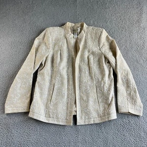 NEW Victor Costa Jacket Womens Medium Beige Blazer Linen Embroidered Floral Open - Picture 1 of 18