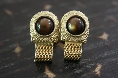 Vtg Gold Tone SWANK Brown Lucite Round Stone Nugget Frame Mesh Wrap Cufflinks - Image 1 of 4
