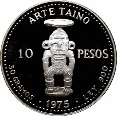 Dominican Republic 10 pesos 1975, PROOF, "Pueblo Viejo Mine, Taino Art" silver - Image 1 of 2