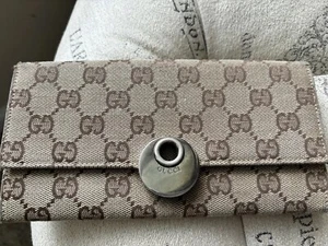 Vintage Gucci Wallet Brown Monogram GG Long Continental Canvas Orange Leather - Picture 1 of 24