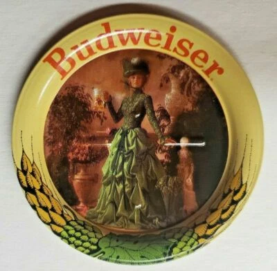 Vintage Budweiser Beer Anheuser Busch Lady in Green Metal Coaster 3.5" New U139 - Image 1 of 2