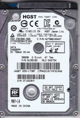 HGST Apple 655-1730F HTS545050A7E362 pn: 0J38105 mlc DA5754 500GB SATA C14-35 - Image 1 of 2