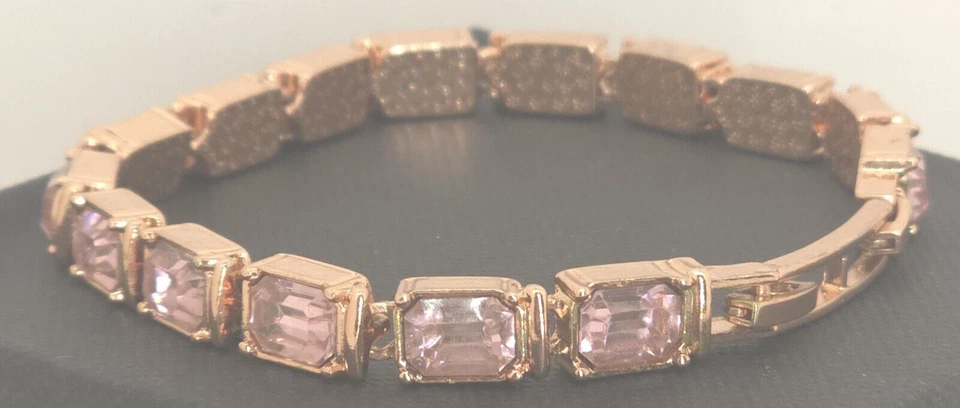 Mujer Tenis Rosa Estrás Pulsera Tono Oro Rosa Corte Octágono Circonita 8" Foto 1 de 4