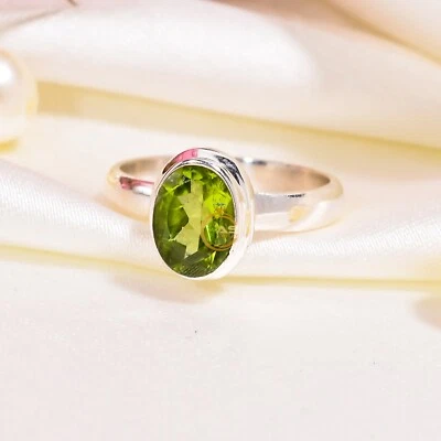 Natural Green Peridot Cut Stone Ring 925 Sterling Silver Engagement Ring Jewelry - Image 1 of 4