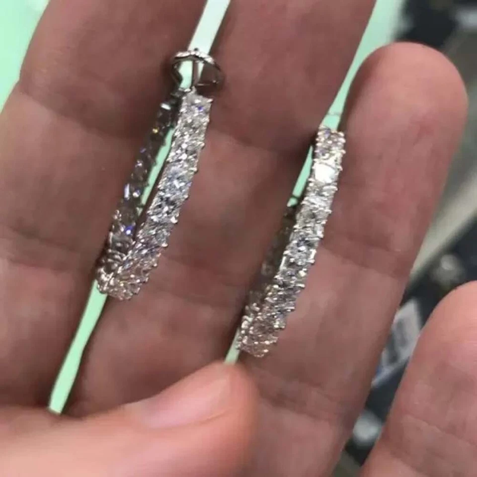 8 Ct Princess Cut Lab Created Diamond 14K White Gold Plated Lovely Hoop Earrings - Image 1 of 4