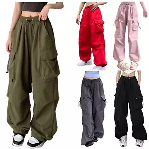 Womens Baggy Cargo Pants Streetwear Drawstring Joggers Sweatpants Loose Casual - Picture 1 of 37