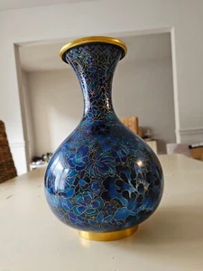Vintage Chinoiserie Blau Gold Floral Cloisonne Vase Volksrepublik China - Bild 1 von 9
