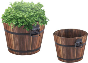 Small Wooden Bucket Barrel Planters – 6.3’’＋5.3'' Rustic Flower Planters Pots Bo