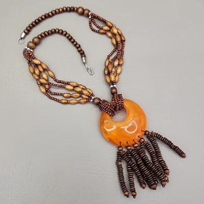 Ethnic Necklace Beaded Orange Acrylic Pendant Seed Tassels 20" - Image 1 of 4