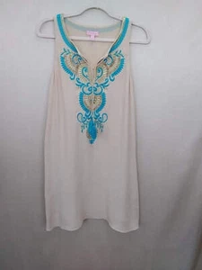 LILLY PULITZER Beige Turquoise Gold Embroidered Beaded Camilla V-Neck Shift Dres - Picture 1 of 6