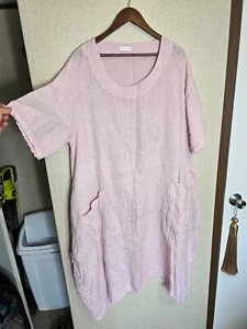 Pink Linen Oversized Dress Pockets One Size Italy Loose Short Sleeve Lagenlook - Picture 1 of 7