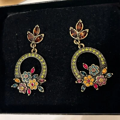 NEW Stunning Heidi Daus Floral Dangle Pierced Earrings Multicolor Rhinestone Box - Image 1 of 4