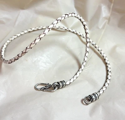 21" LONG BRAIDED IVORY LEATHER ANTIQUED SILVER TONE CLASP END CAPS NECKLACE - Image 1 of 3