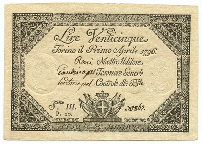 25 LIRE REGIE FINANZE TORINO REGNO DI SARDEGNA 01/04/1796 qSPL - Image 1 of 4