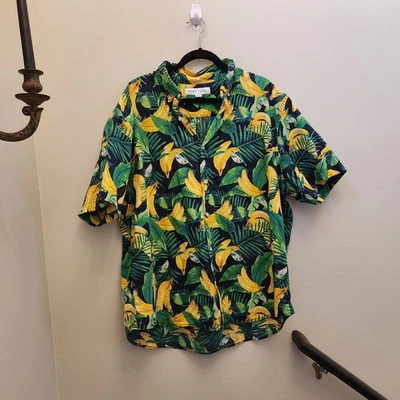 Antigua Camisa Azul Marino Abotonada Para Hombres Hawaiana Tropical Palma Banana XXL Manga Corta  Foto 1 de 4