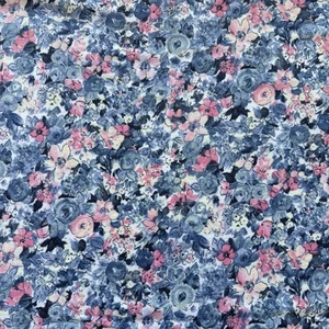 Vintage 90s Stretch Knit Blue Pink Yellow Floral Fabric 1 yard x 60 inches wide - Picture 1 of 7