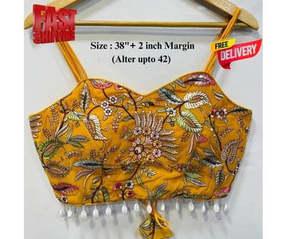 Blusa Sari Amarillo Mostaza India Diseñador Boda Novia Sari Blusa Choli Foto 1 de 3