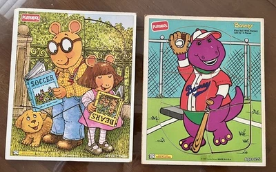 Dos rompecabezas bandeja marco PLAYSKOOL vintage 1993 Barney y 1997 Arthur  Foto 1 de 2