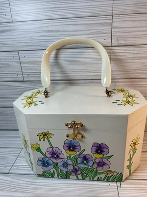 Vintage Annie Laurie Originals Palm Beach Wood Box Purse Flowers Pansies 1960s - Image 1 of 4