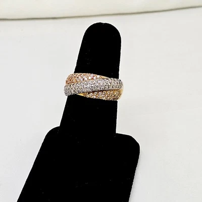 ESTATE ITALIAN HEAVY 18K TRI-COLOR GOLD PAVE DIAMONDS CROSSOVER RING,7 1/4 - Image 1 of 4