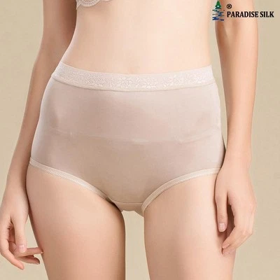 Bragas de mujer de punto de seda pura bragas de cintura alta con ribete de encaje Foto 1 de 2