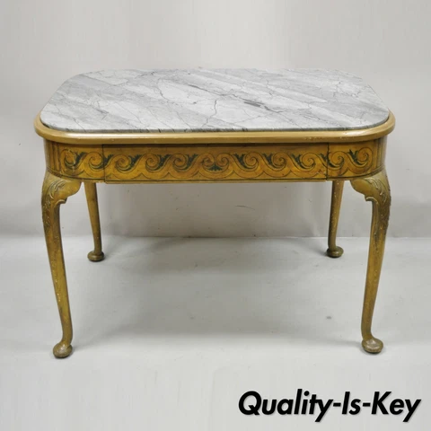 Antique French Adams Style Hand Painted Queen Anne One Drawer Center Table Cover