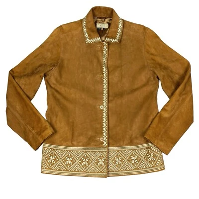 Chaqueta de cuero de gamuza vintage para mujer pequeña Western marrón bordado Y2K abrigo boho Foto 1 de 4