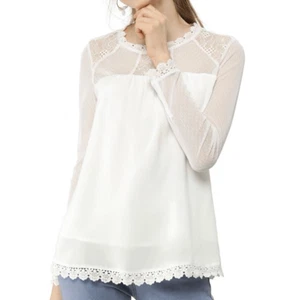 NWT Allegra K Lace Mesh Long Sleeve Blouse (White) - Medium - Picture 1 of 14