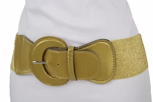 New Women Gold Color Wide Faux Leather Elastic Band Belt Buckle Stud Size M L - Picture 1 of 24