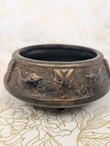 1900s Black Copper Finish Japanese Pottery Incense Burner 7.5 W X 3.5 In Tall - Picture 1 of 15