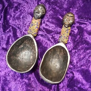 Black African Ceremonial Carved Haunted Wood Spoons Beaded Handles Male Female - Picture 1 of 24