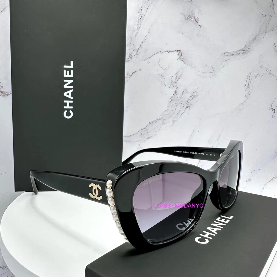 CHANEL Sunglasses Black Cat Eye White Pearls Gold Interlocking CC Womens Chanel